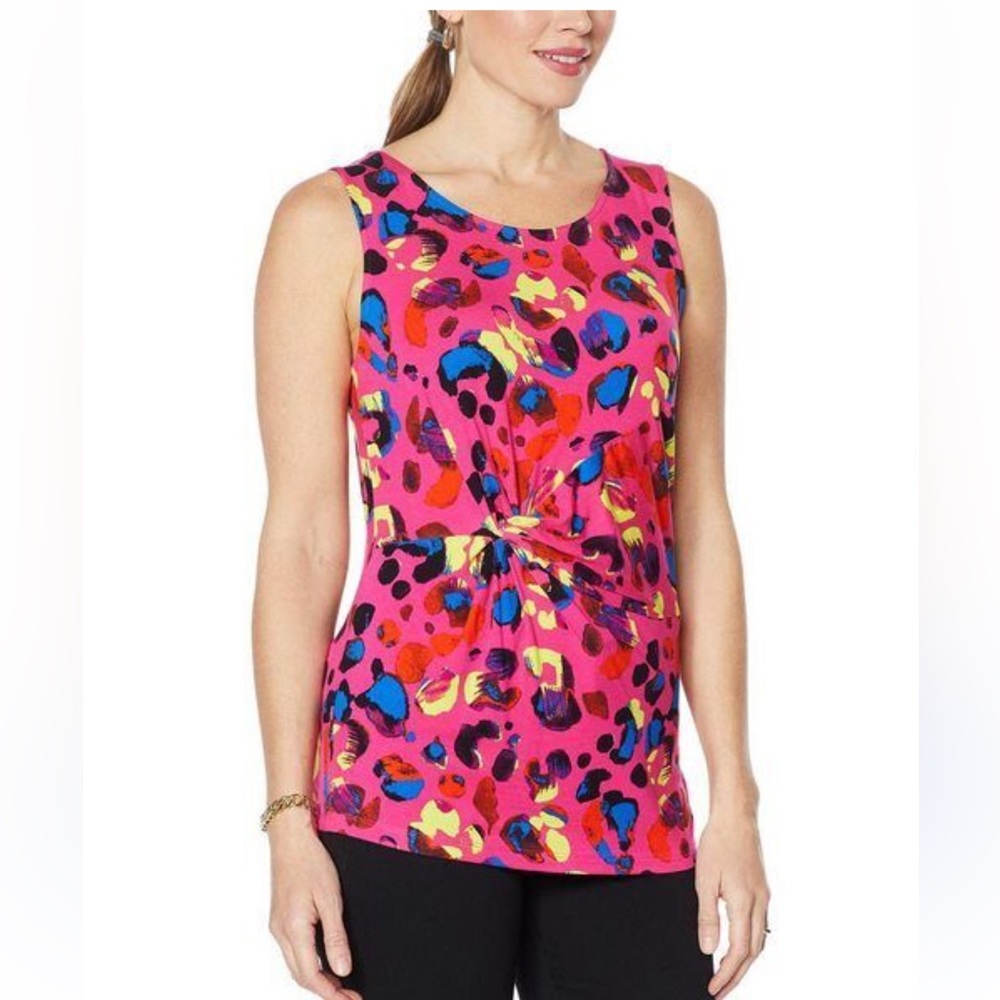 IMAN Neon Leopard Print Knot-Front Tank